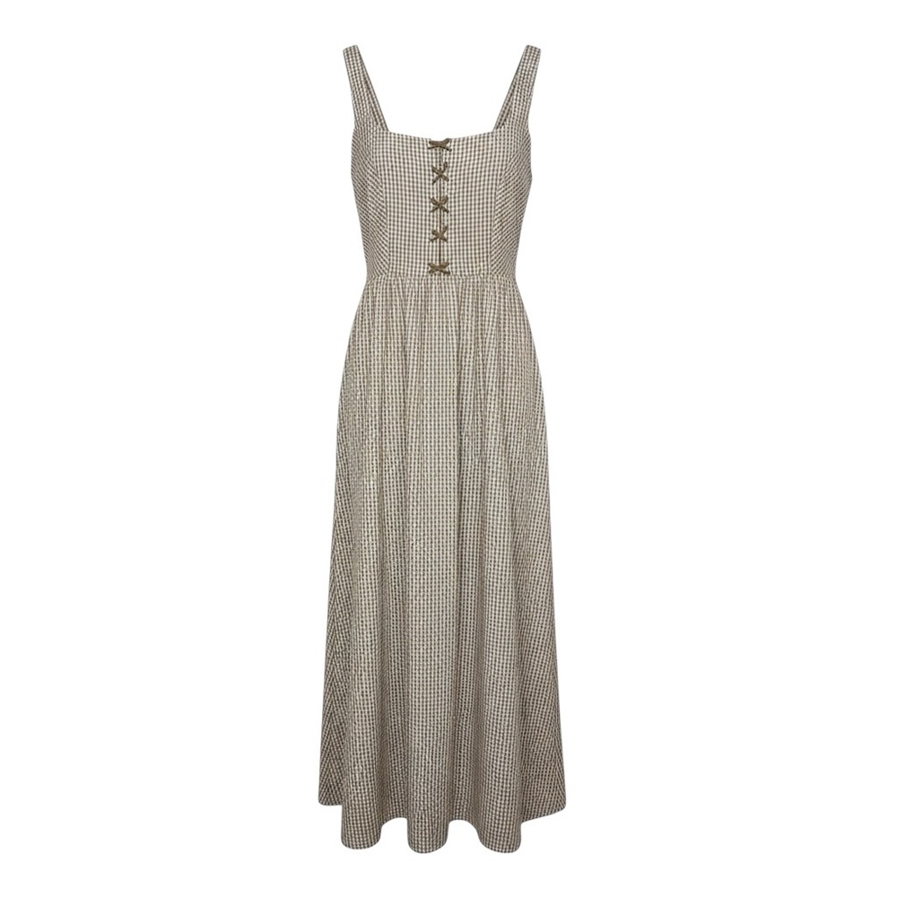 Caroline Constas Gingham Check Plaid Midi Sundress Tan White Size Small NWT